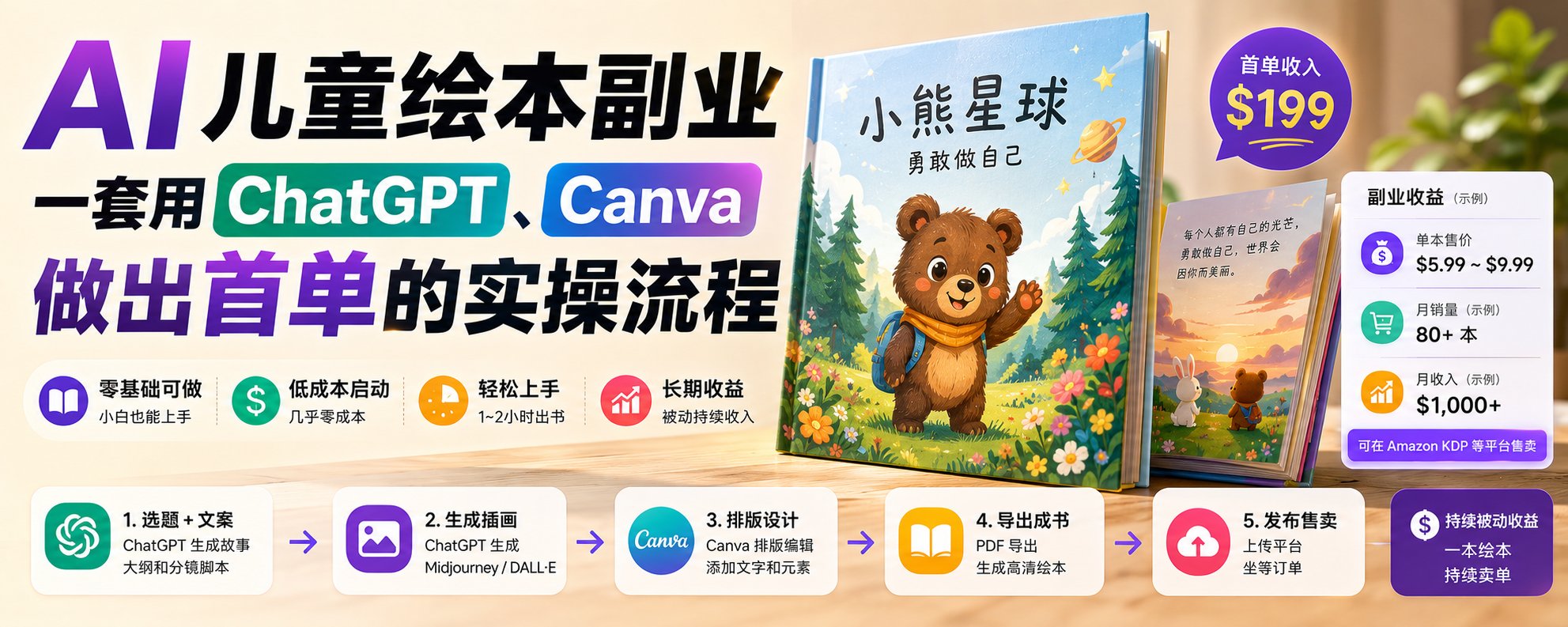 AI儿童绘本副业：一套用ChatGPT和Canva做出首单的完整实操流程