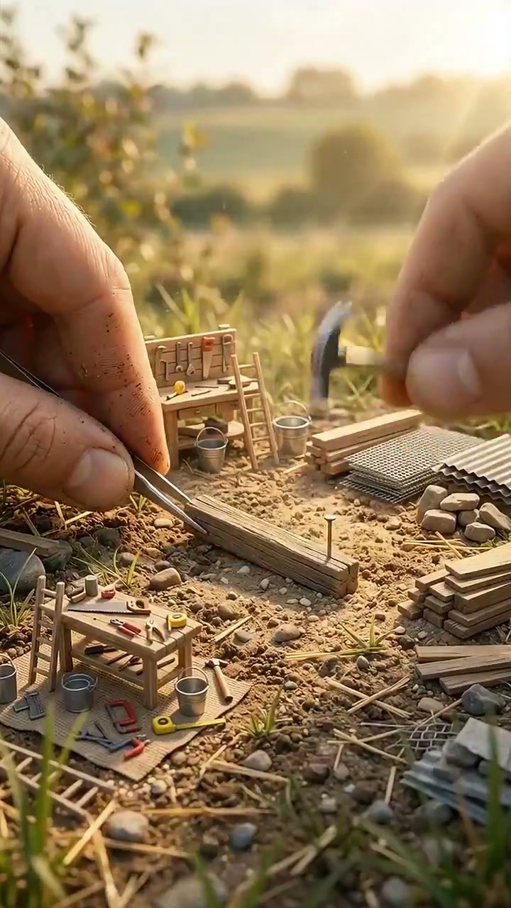 AI 微缩木屋建造短片：把大手与小工具拍出真实尺度